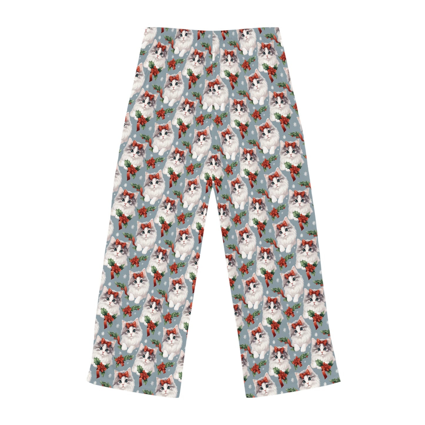 Womens Christmas Cat Pajama Pants - Light Blue, White, Red, Green
