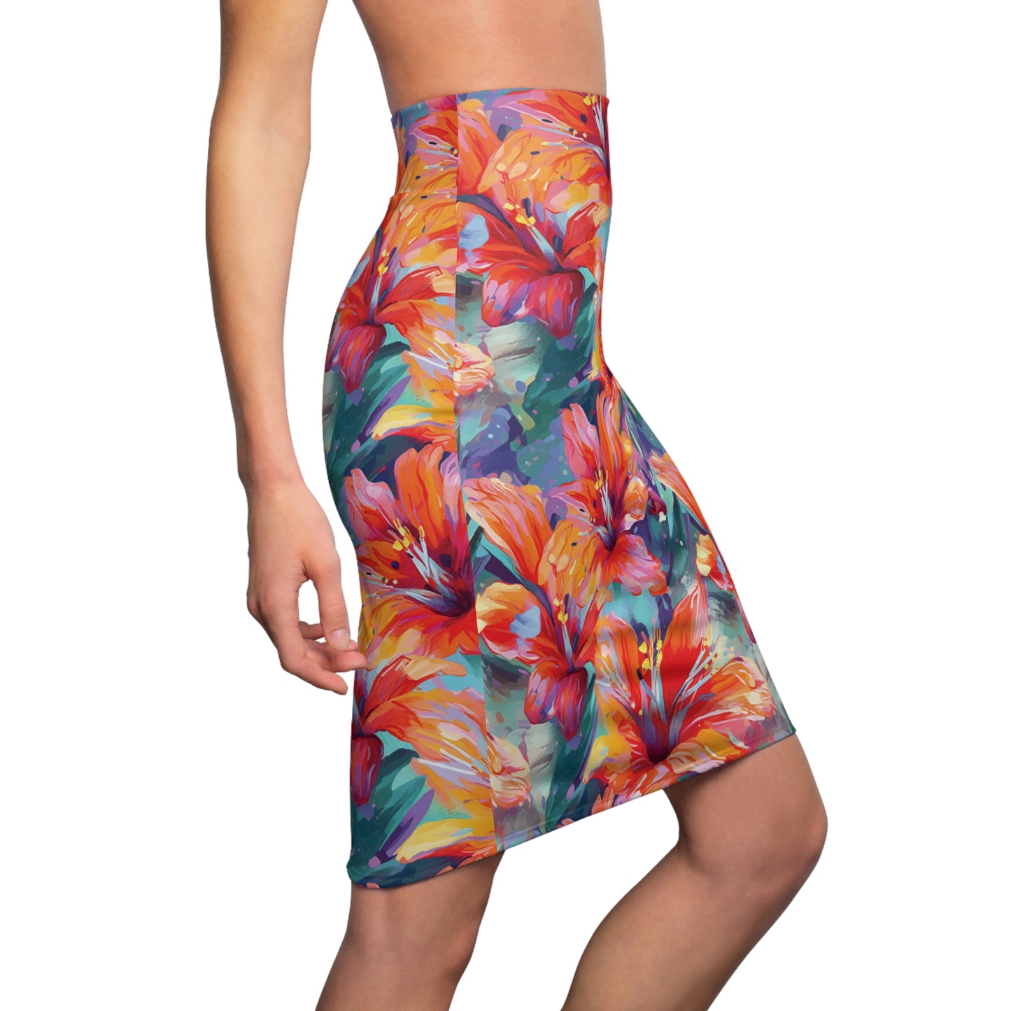 Women's Tropical Print Pencil Skirt, Orange & Teal