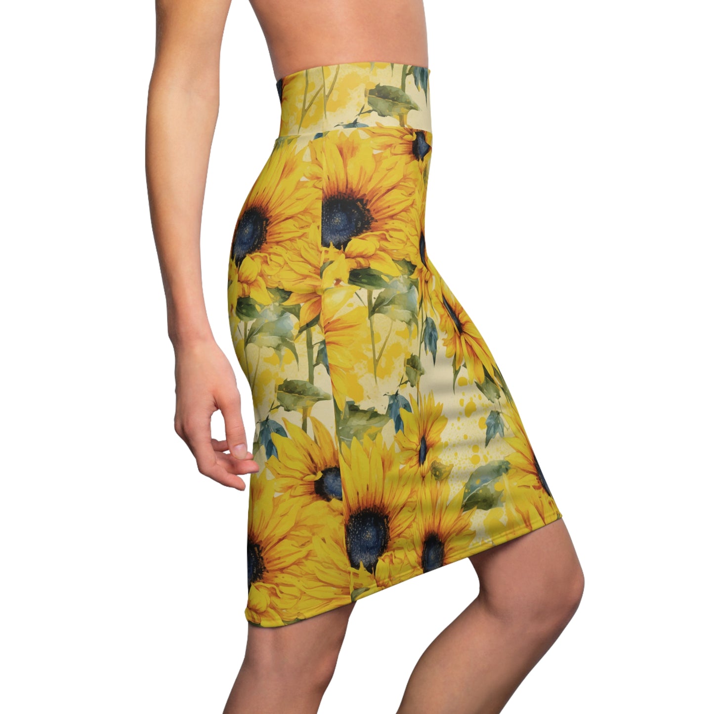 Women's Sunflower Print Pencil Skirt, Yellow