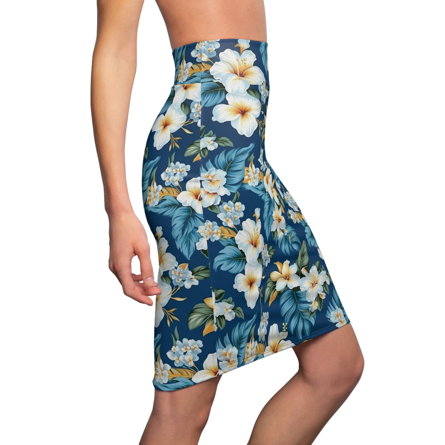 Women's Hawaiian Tropical Print Pencil Skirt, Blue & White