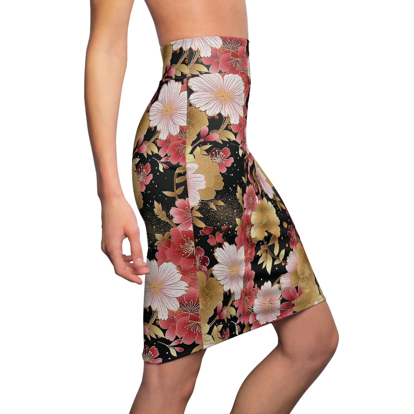 Women's Japanese Floral Print Pencil Skirt, Red & Gold & Pink