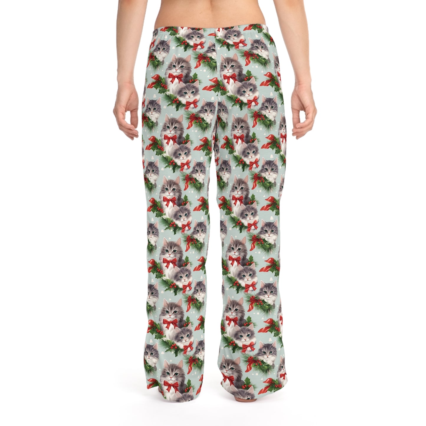 Womens Christmas Cat Pajama Pants - Green, Red, and White