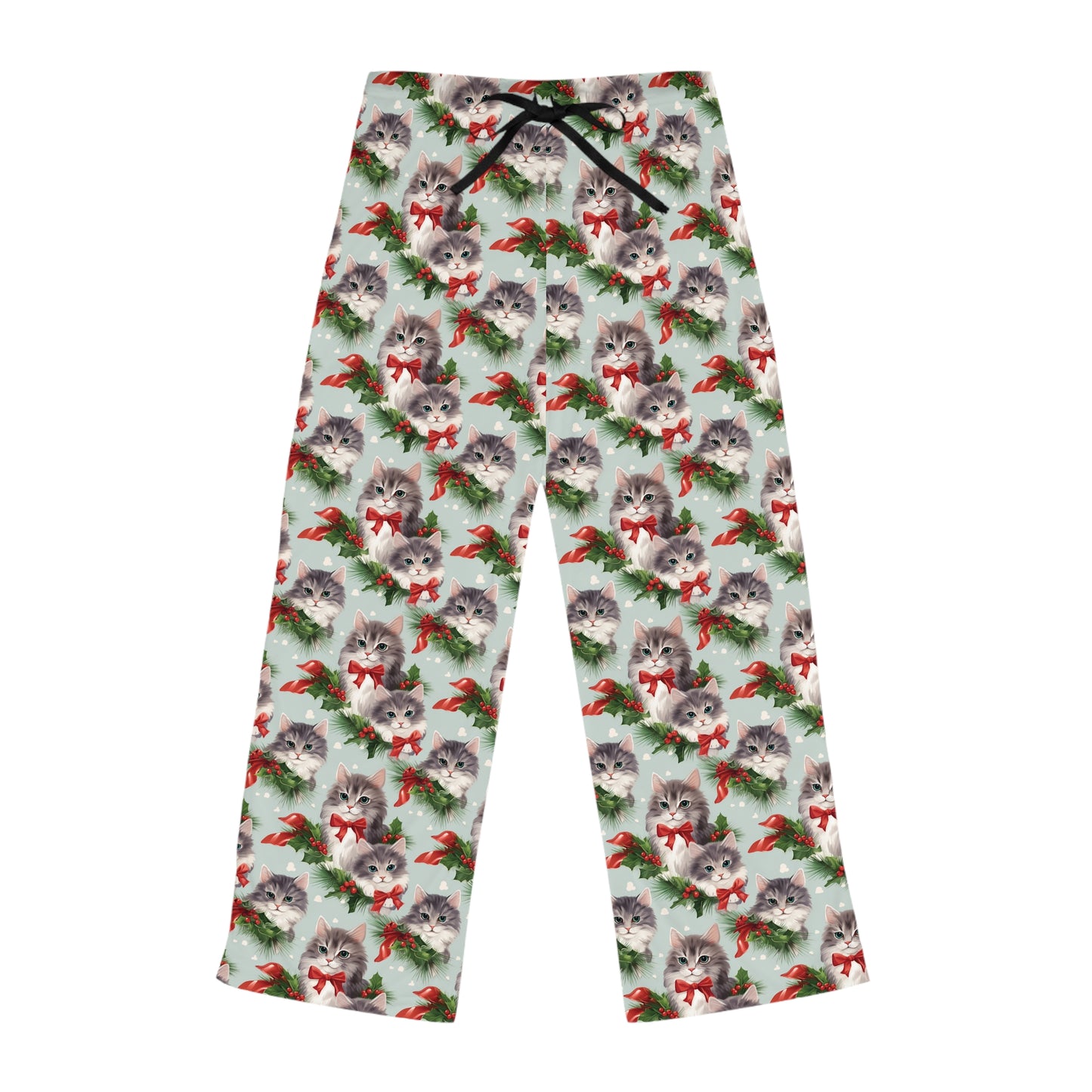 Womens Christmas Cat Pajama Pants - Green, Red, and White