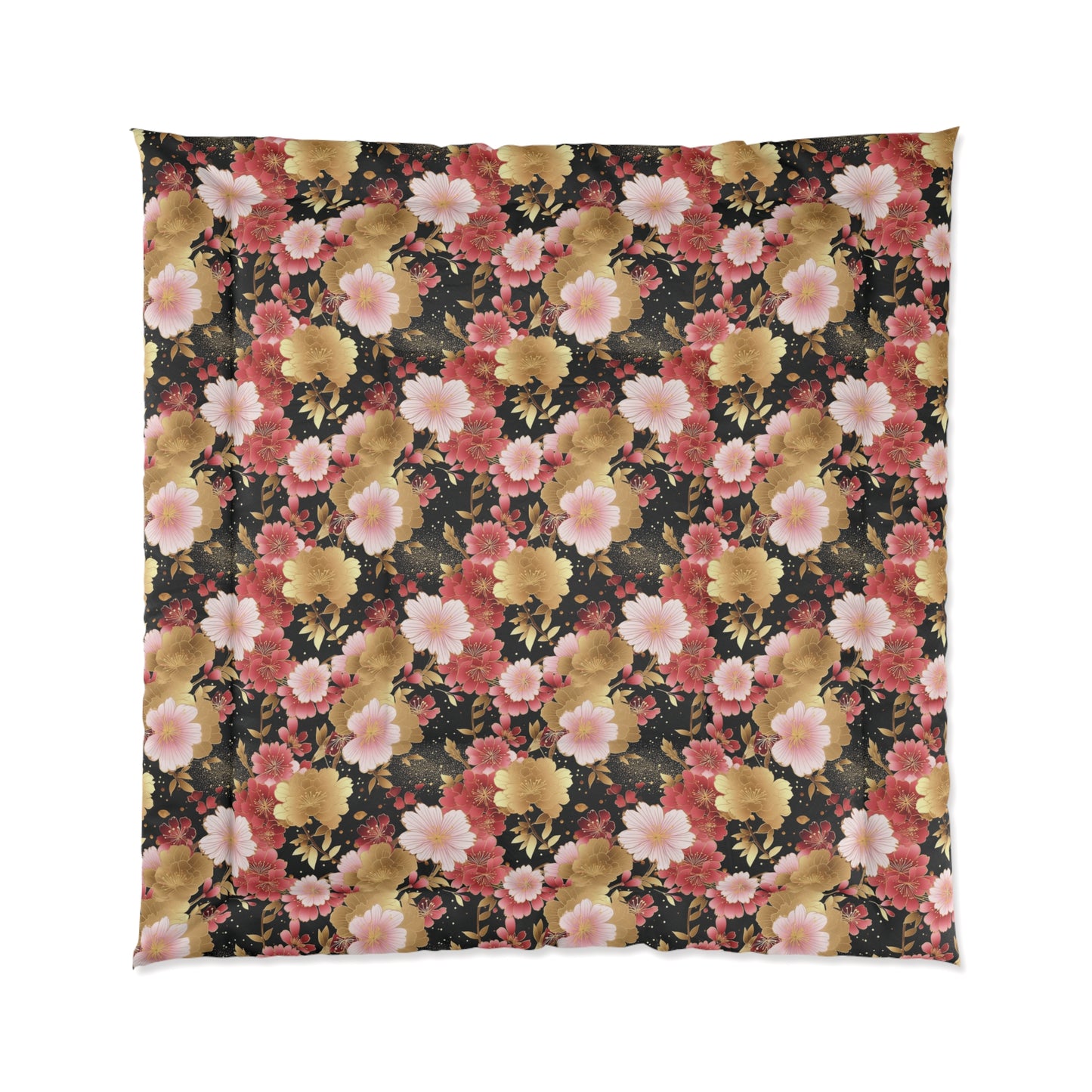 Japanese Floral Print Comforter, Pink & Red & Gold