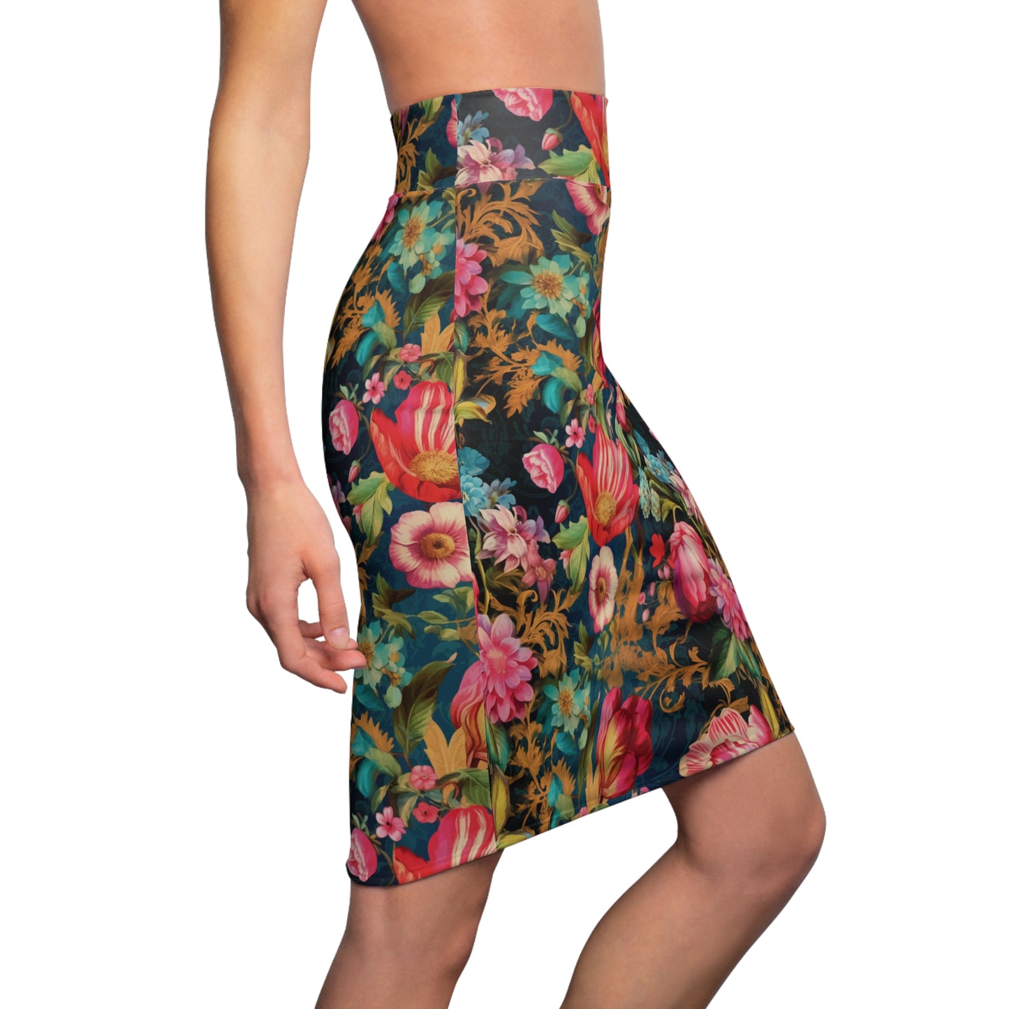 Women's French Floral Print Pencil Skirt, Red & Pink & Blue