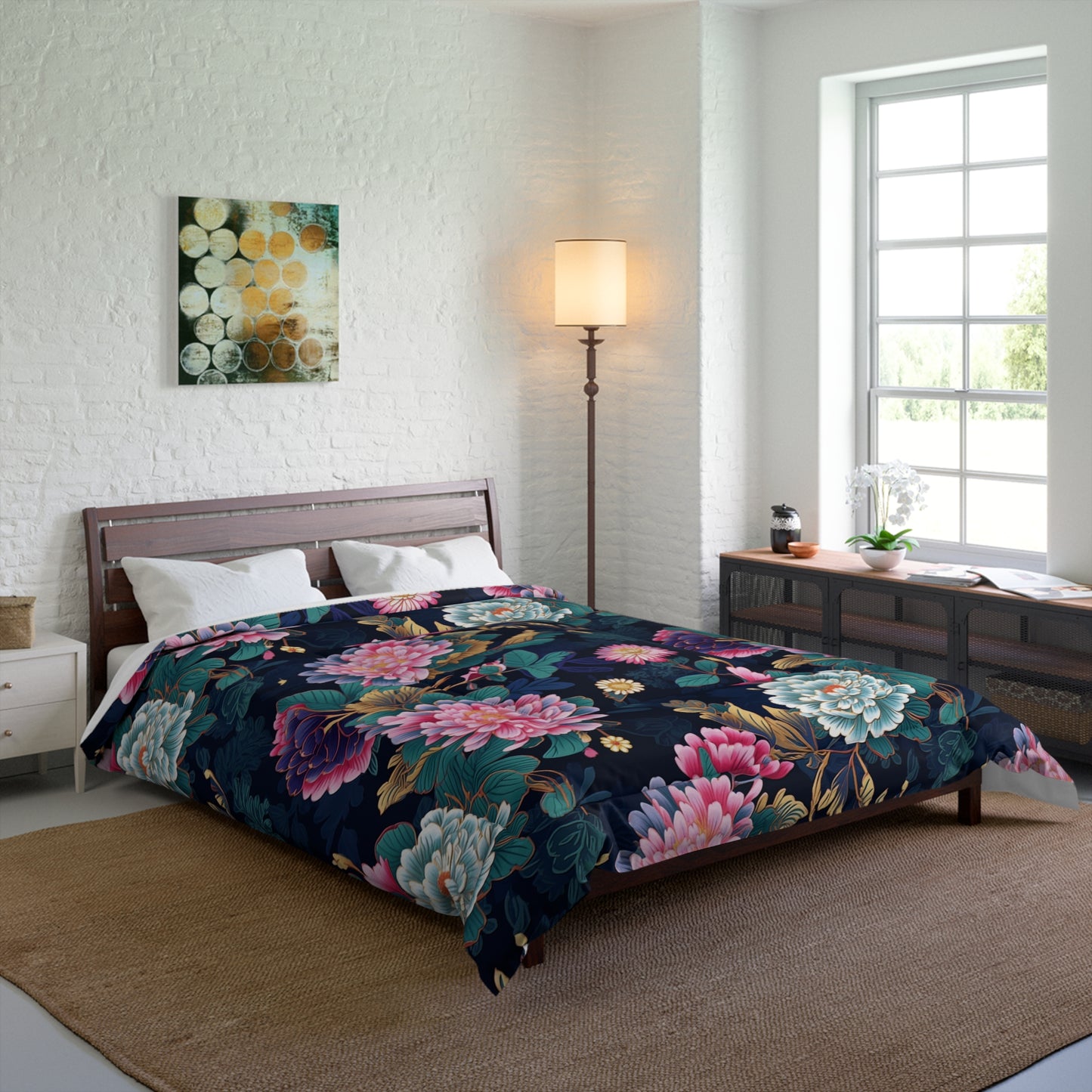 Japanese Floral Comforter, Blue & Pink