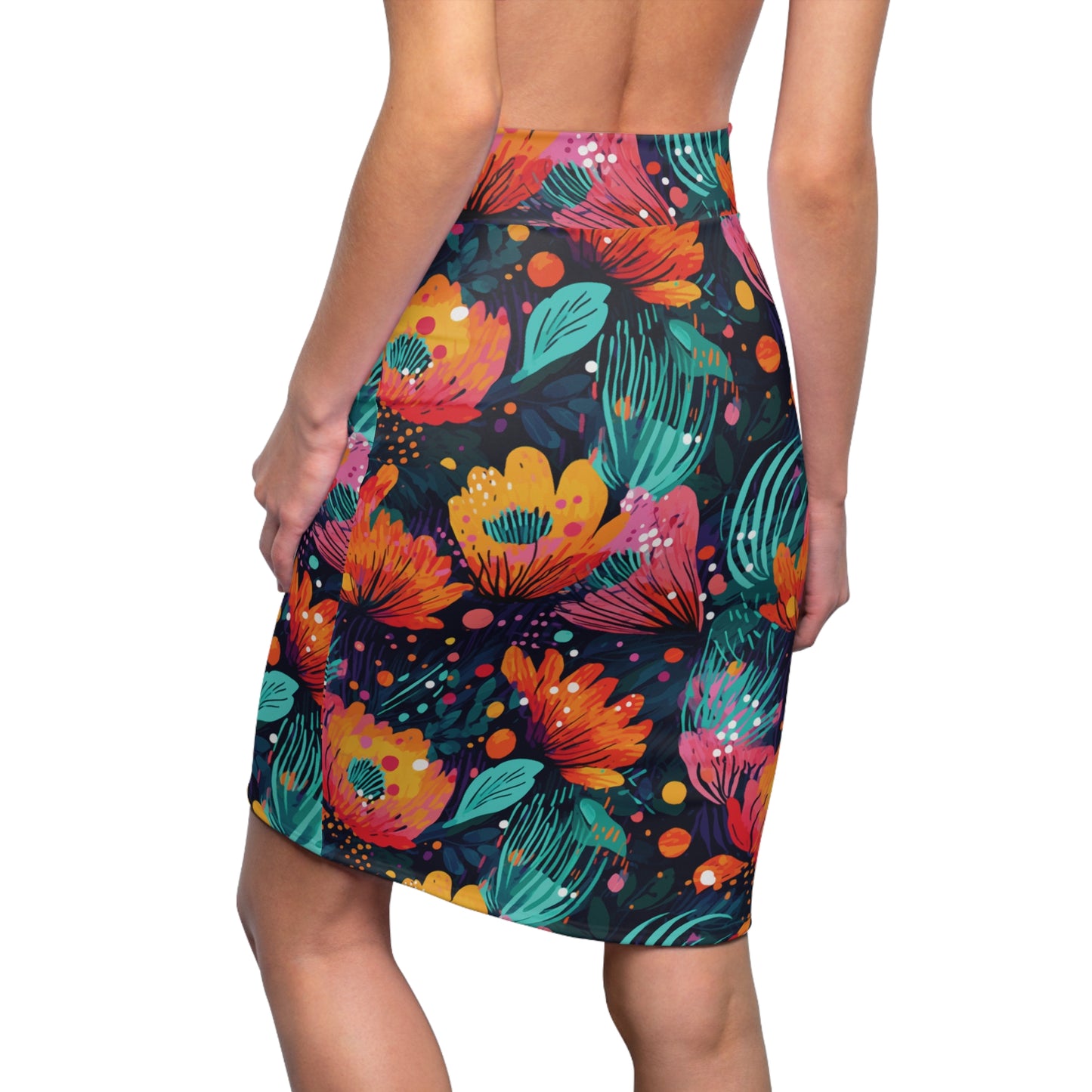 Women's Wildflower Print Pencil Skirt, Orange & Teal