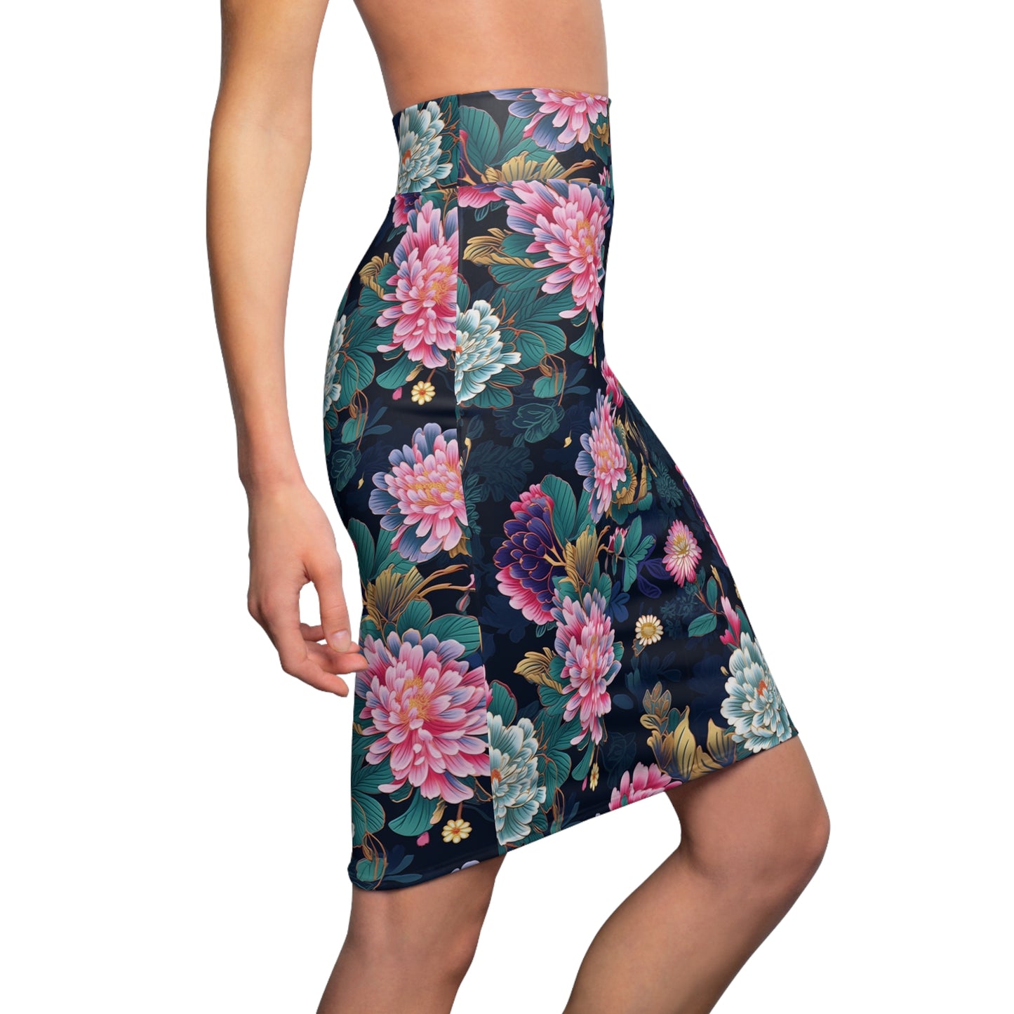 Women's Japanese Floral Print Pencil Skirt, Pink & Green & Blue