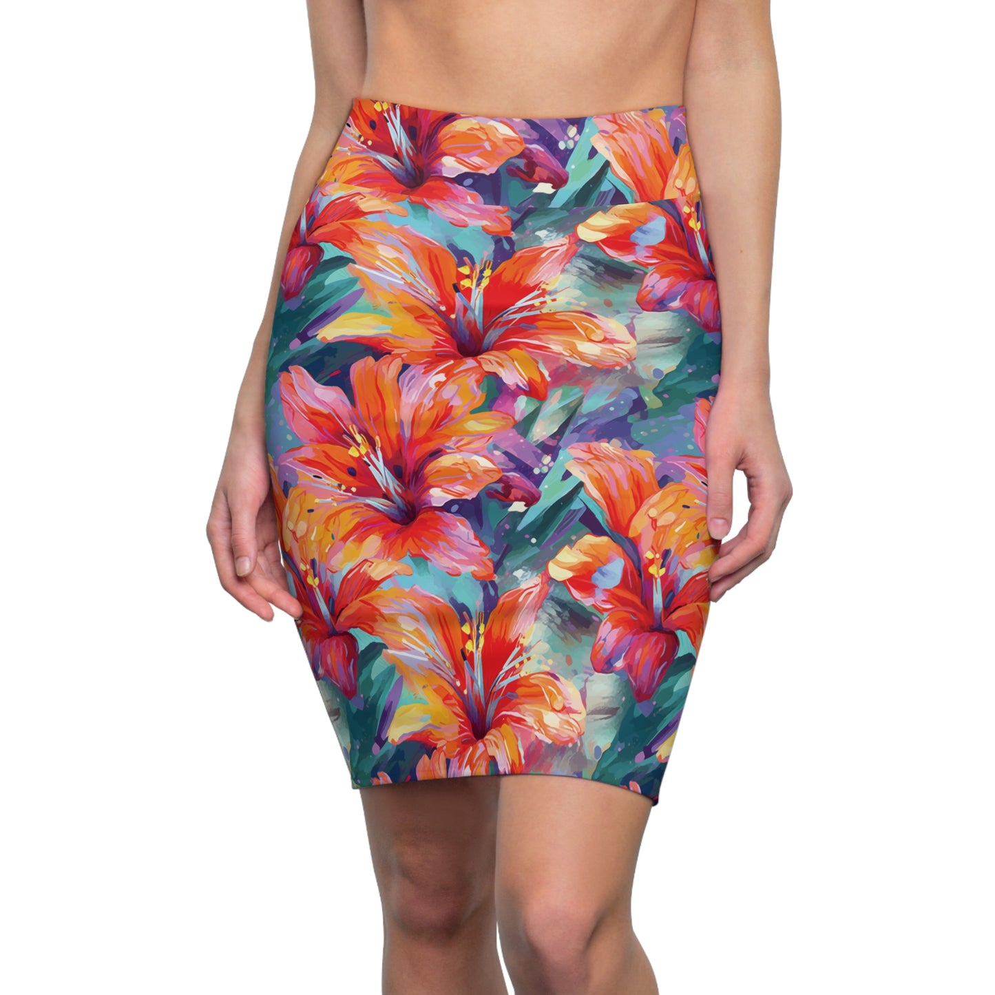 Women's Tropical Print Pencil Skirt, Orange & Teal