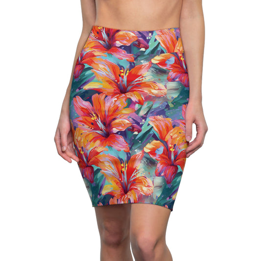 Women's Tropical Print Pencil Skirt, Orange & Teal