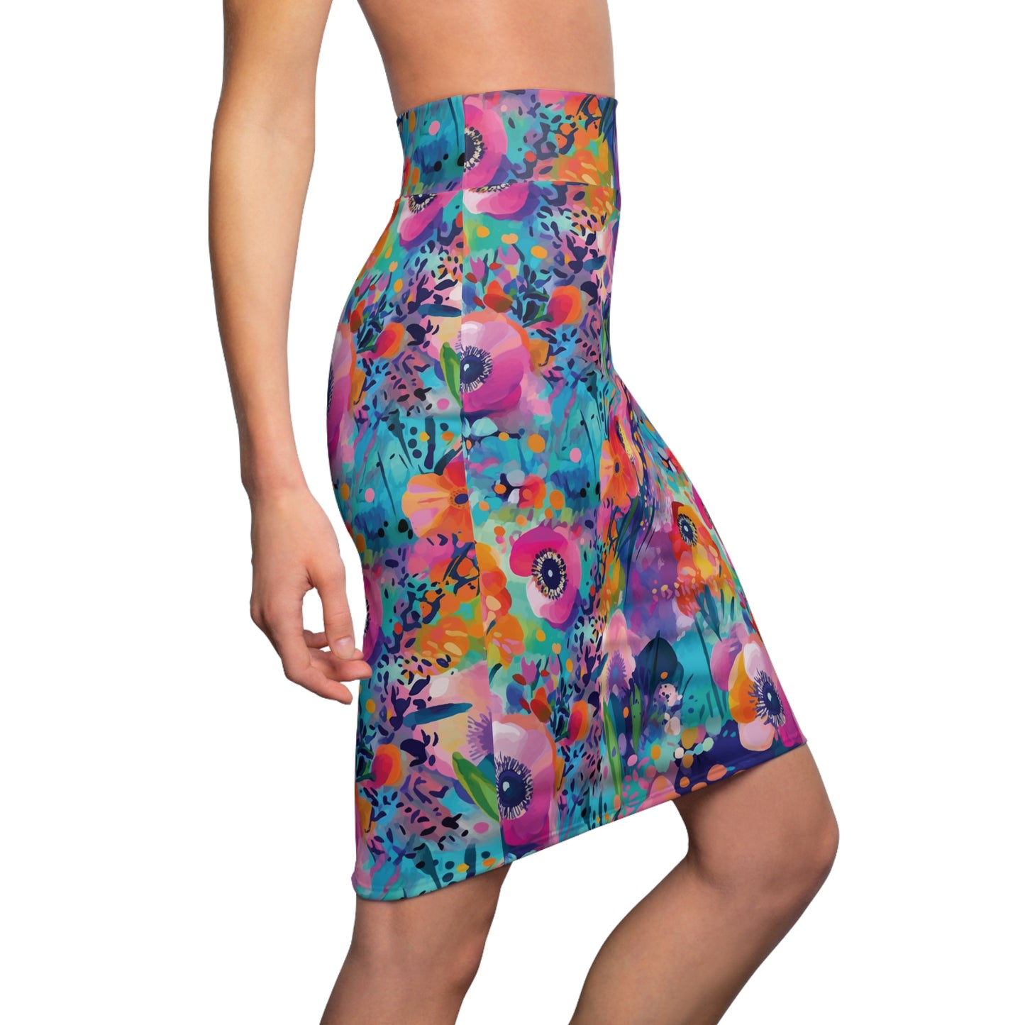 Women's Watercolor Floral Print Pencil Skirt, Pink & Teal