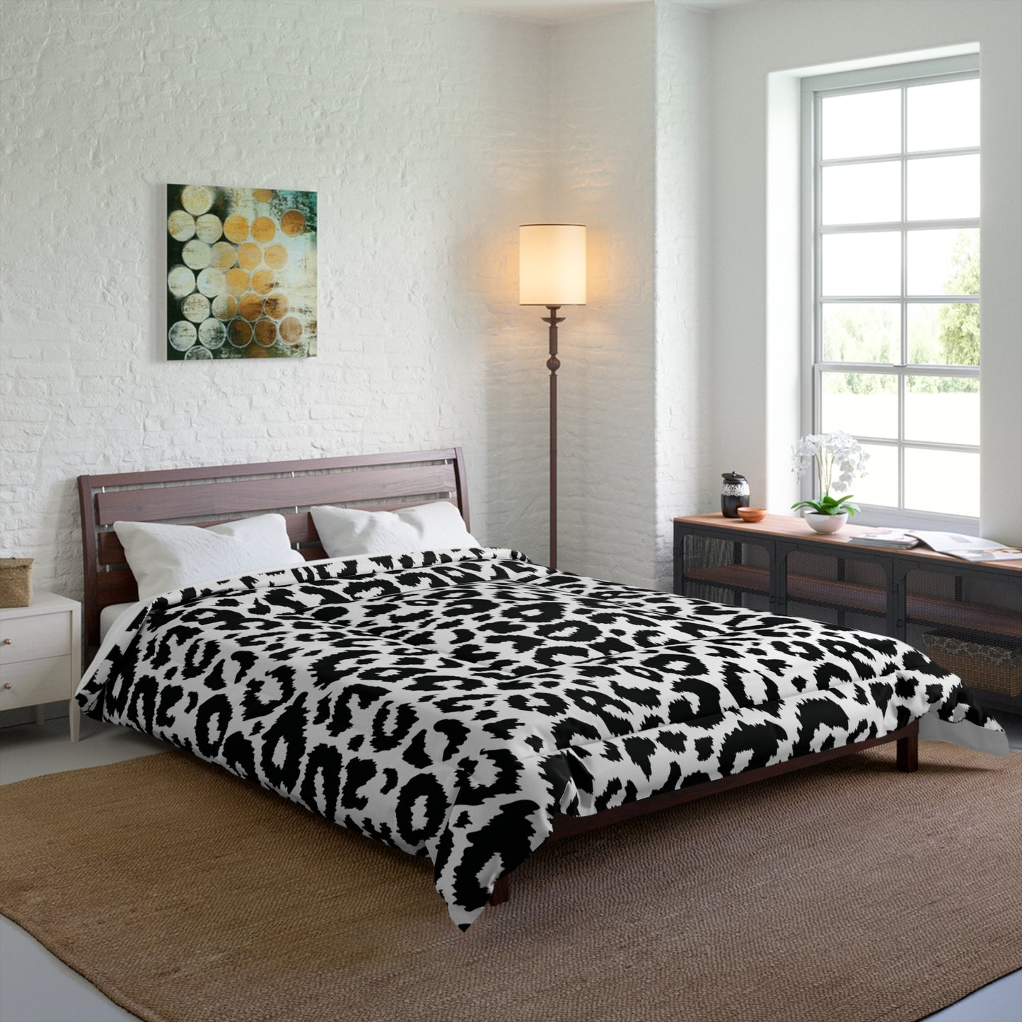 Snow Leopard Animal Print Comforter, Black & White