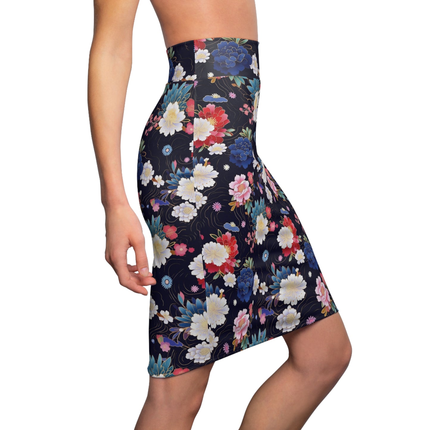 Women's Japanese Floral Print Pencil Skirt, Blue & Red & White