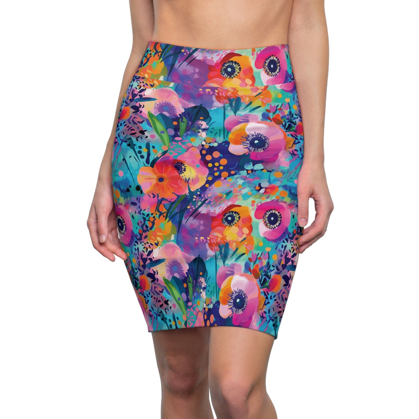 Women's Watercolor Floral Print Pencil Skirt, Pink & Teal