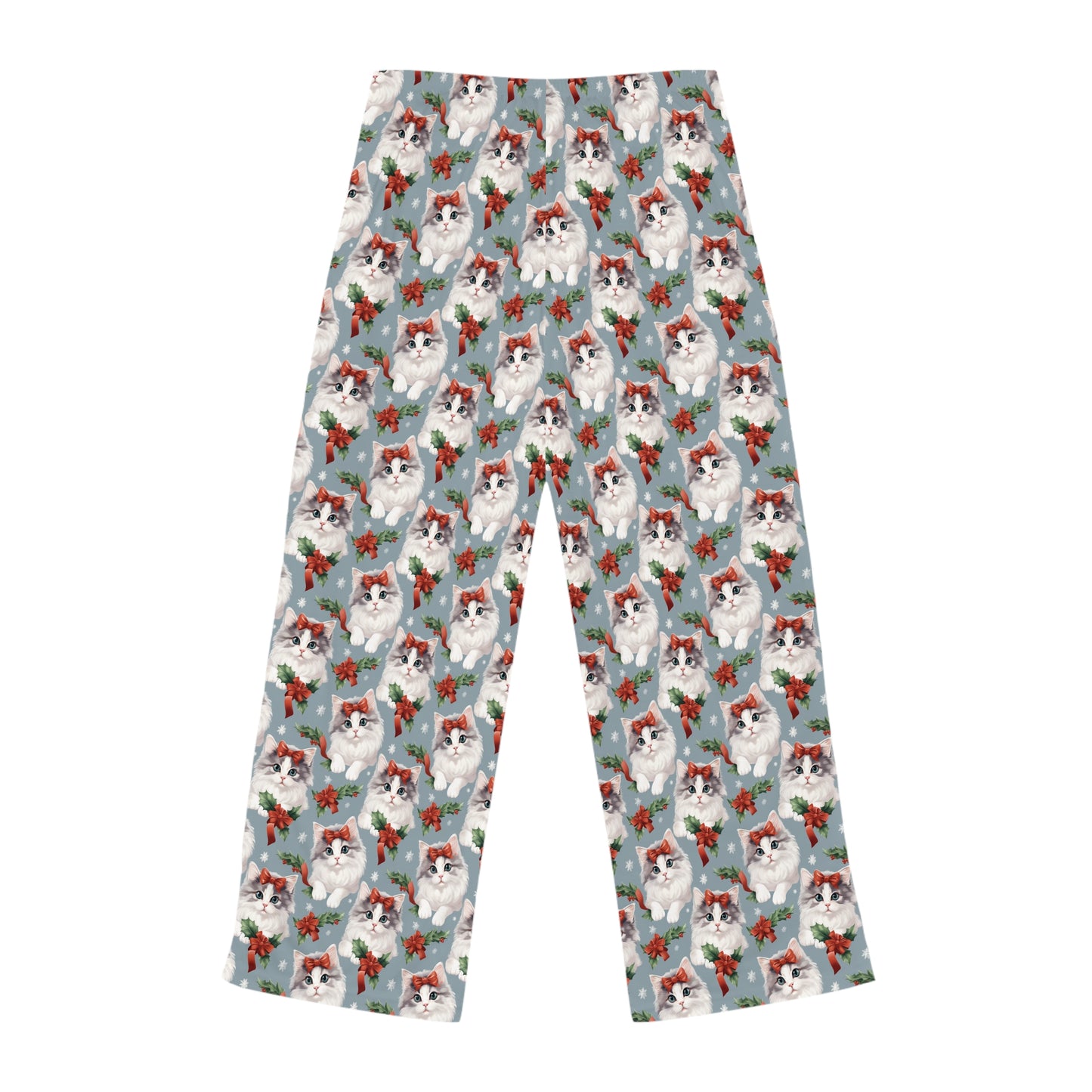 Womens Christmas Cat Pajama Pants - Light Blue, White, Red, Green