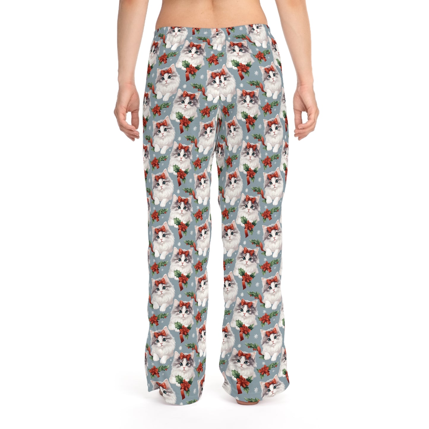 Womens Christmas Cat Pajama Pants - Light Blue, White, Red, Green