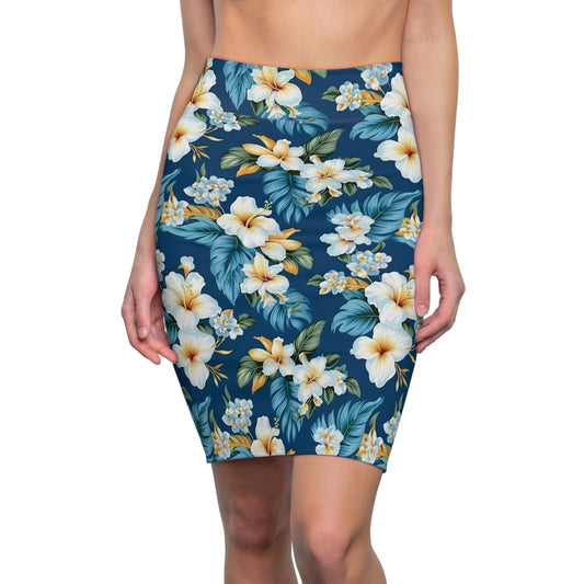 Women's Hawaiian Tropical Print Pencil Skirt, Blue & White