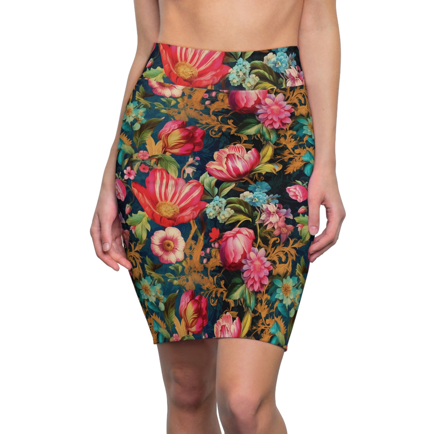 Women's French Floral Print Pencil Skirt, Red & Pink & Blue