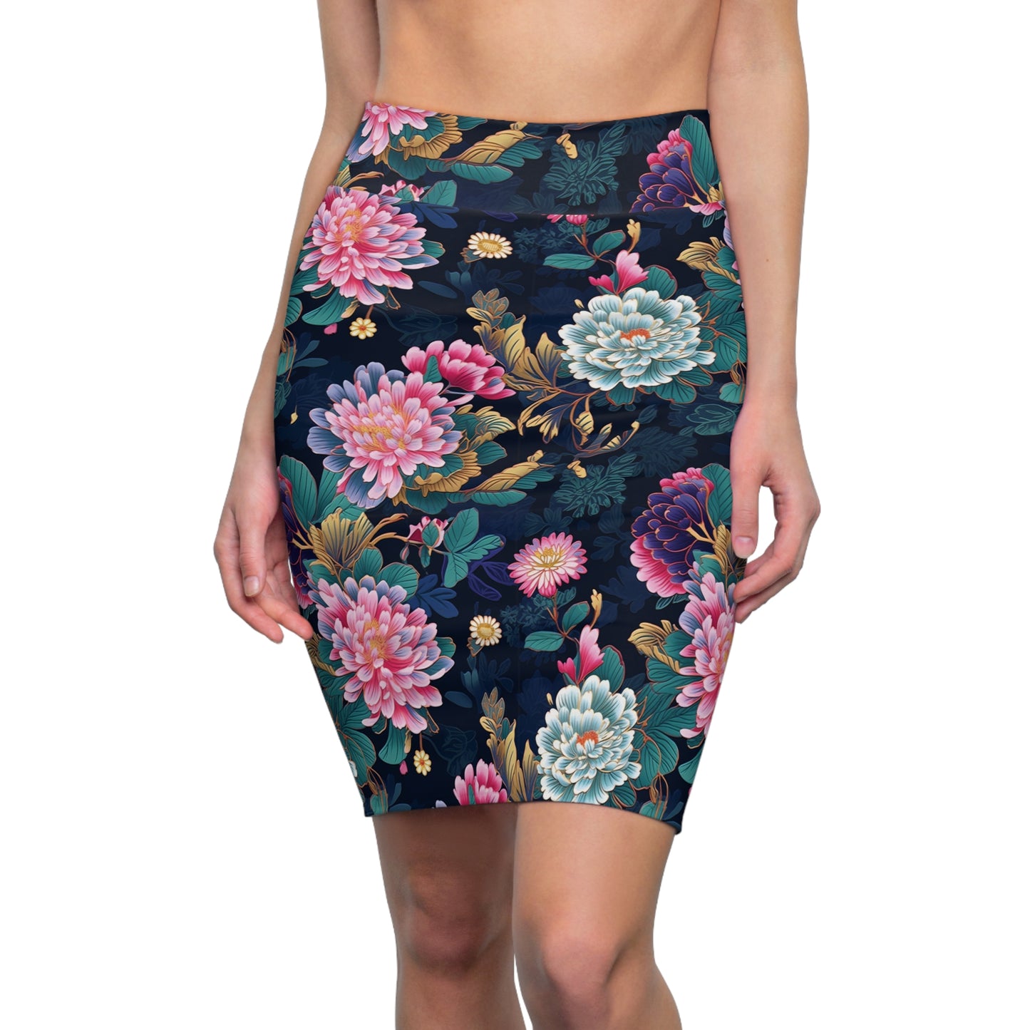 Women's Japanese Floral Print Pencil Skirt, Pink & Green & Blue