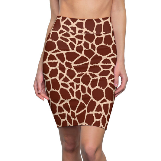 Women's Giraffe Animal Print Pencil Skirt, Tan & Brown