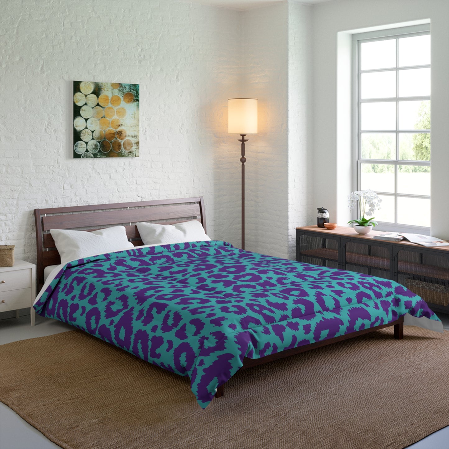 80s Leopard Print Comforter, Purple & Teal