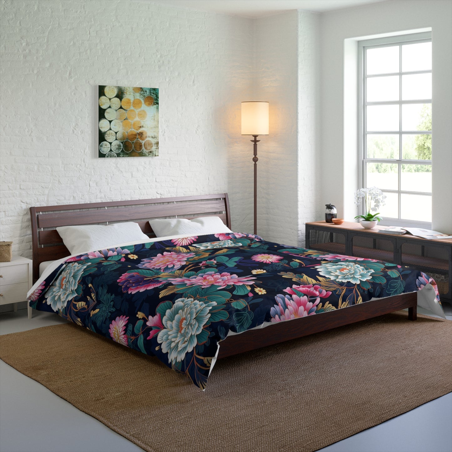 Japanese Floral Comforter, Blue & Pink