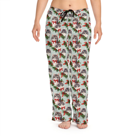 Womens Christmas Cat Pajama Pants - Green, Red, and White