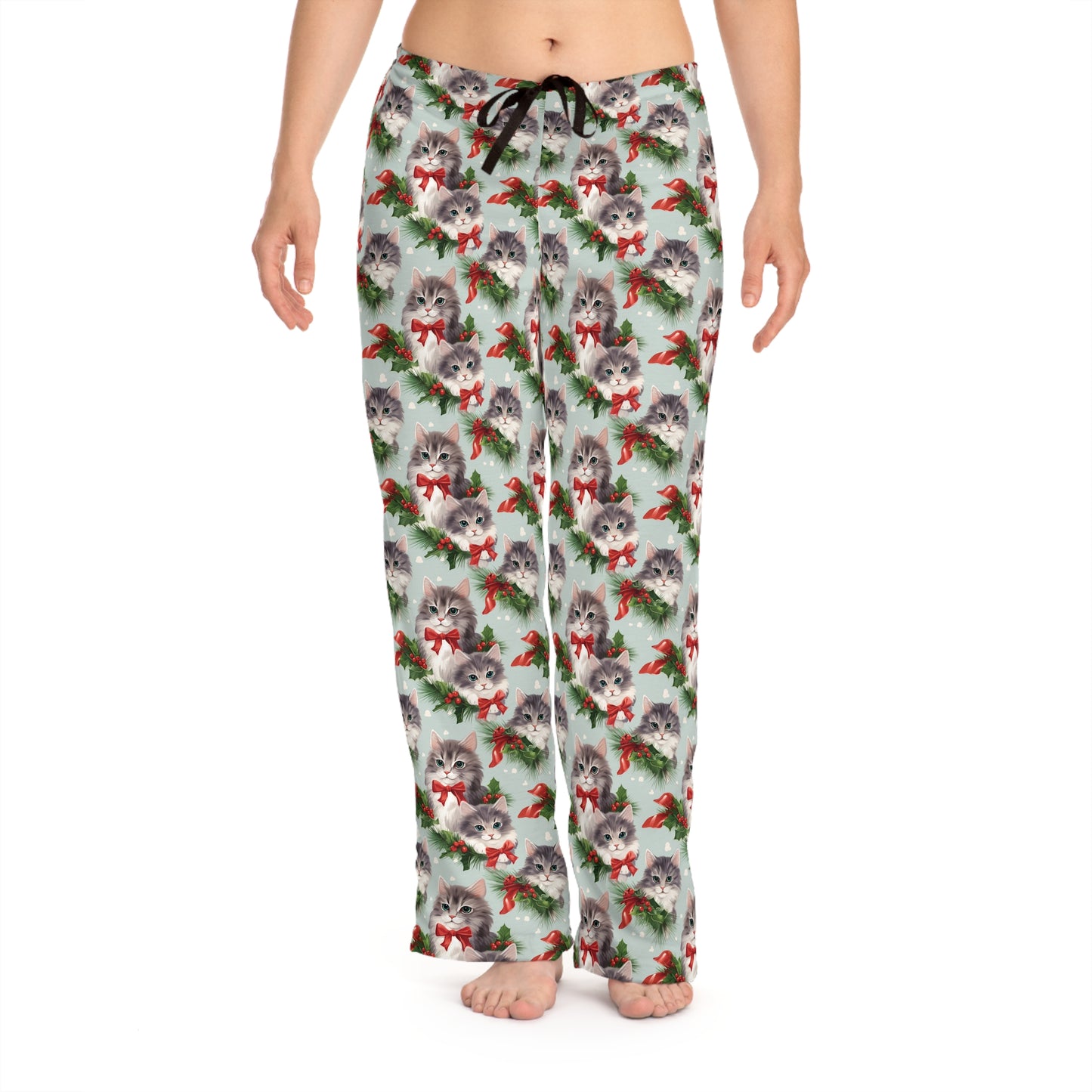 Womens Christmas Cat Pajama Pants - Green, Red, and White