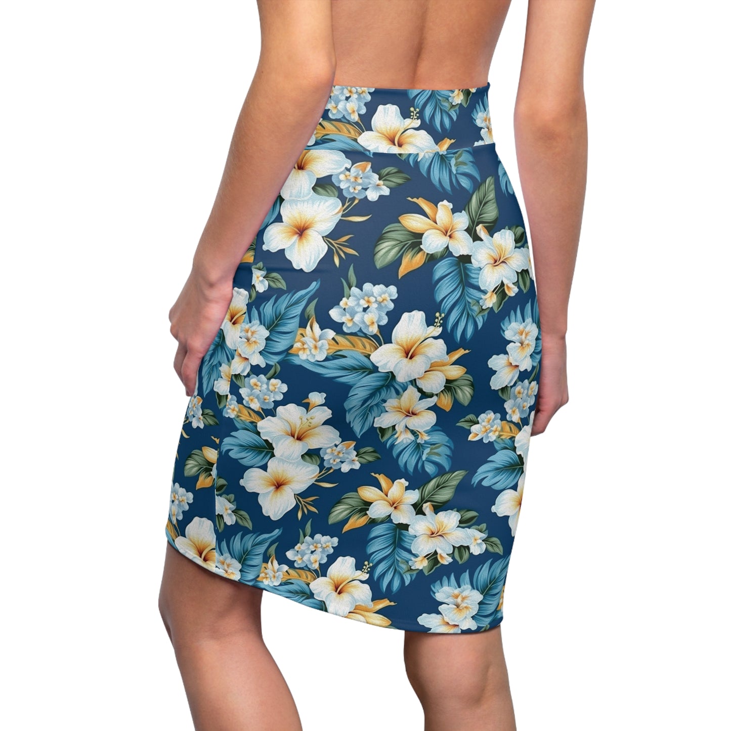 Women's Hawaiian Tropical Print Pencil Skirt, Blue & White