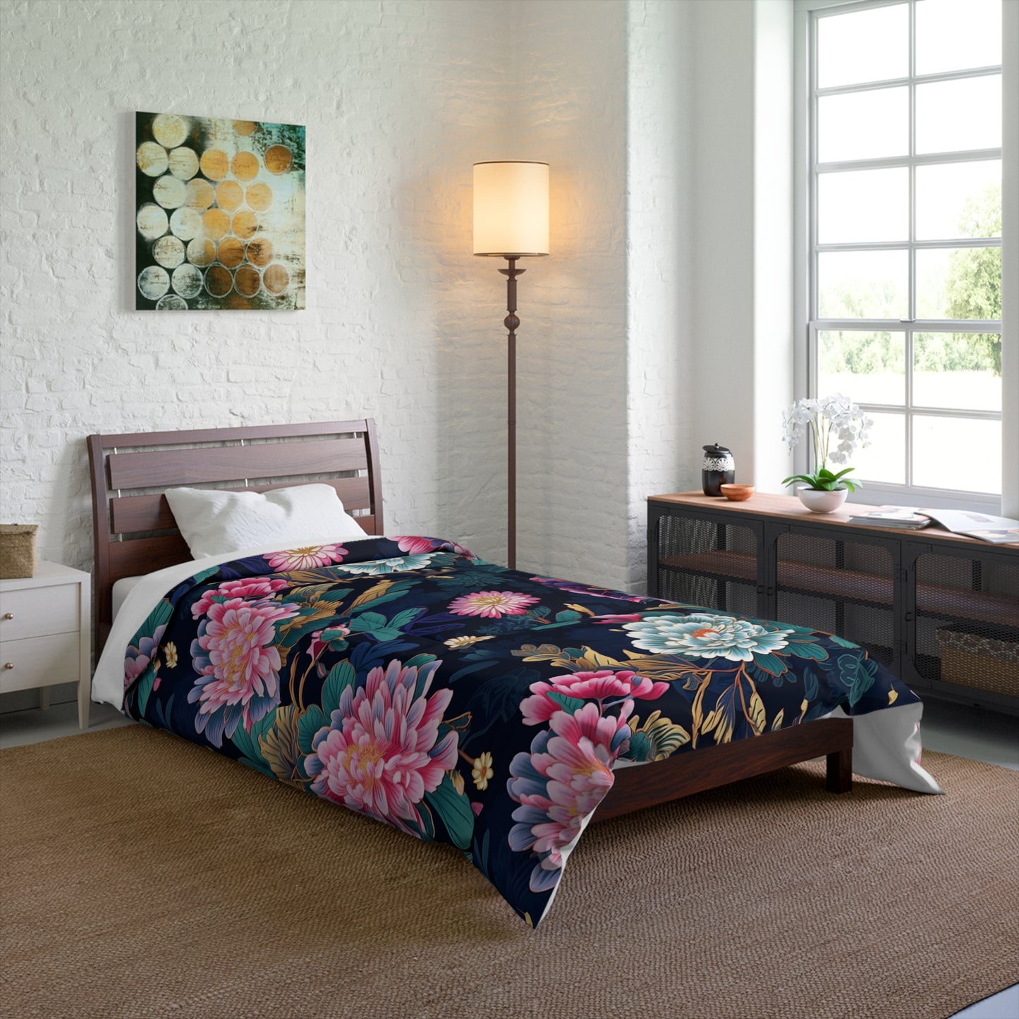 Japanese Floral Comforter, Blue & Pink