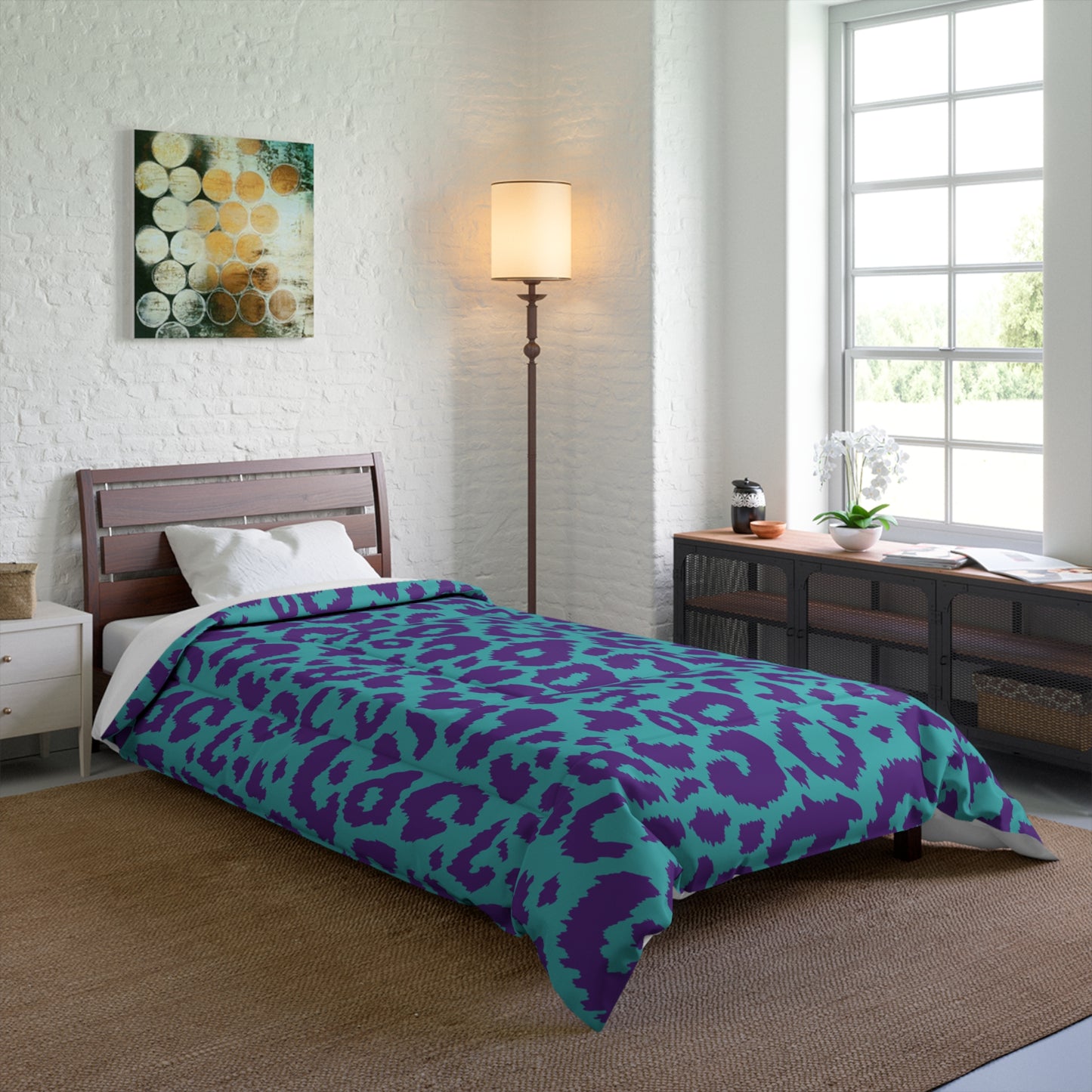 80s Leopard Print Comforter, Purple & Teal