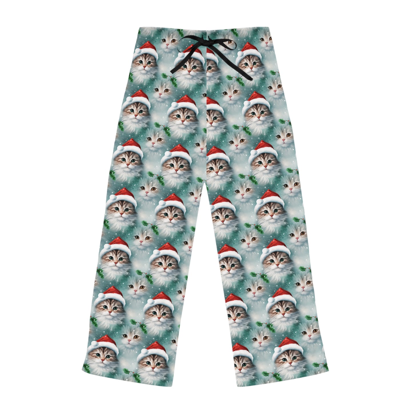 Womens Christmas Cat Pajama Pants - Green, Red, White