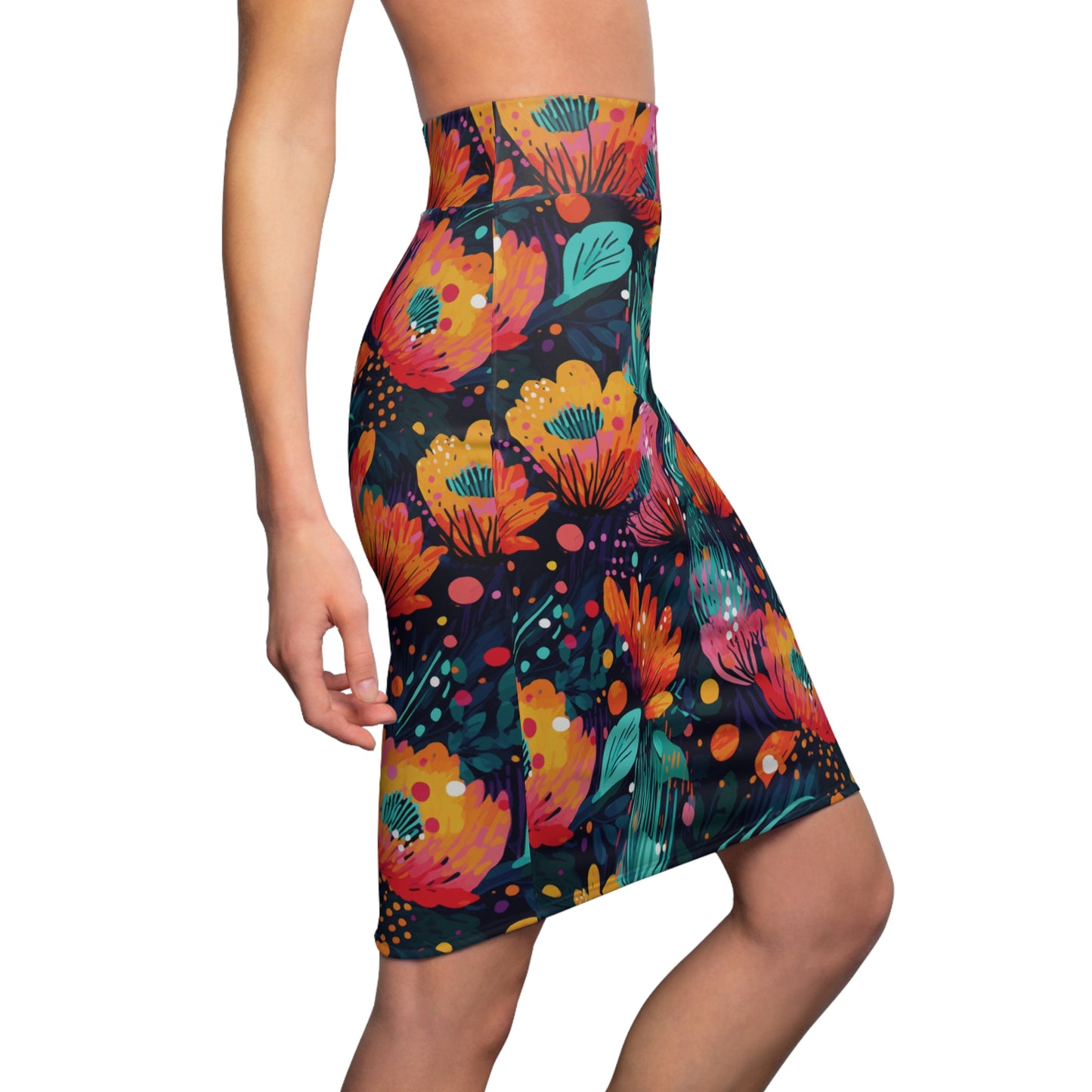 Women's Wildflower Print Pencil Skirt, Orange & Teal