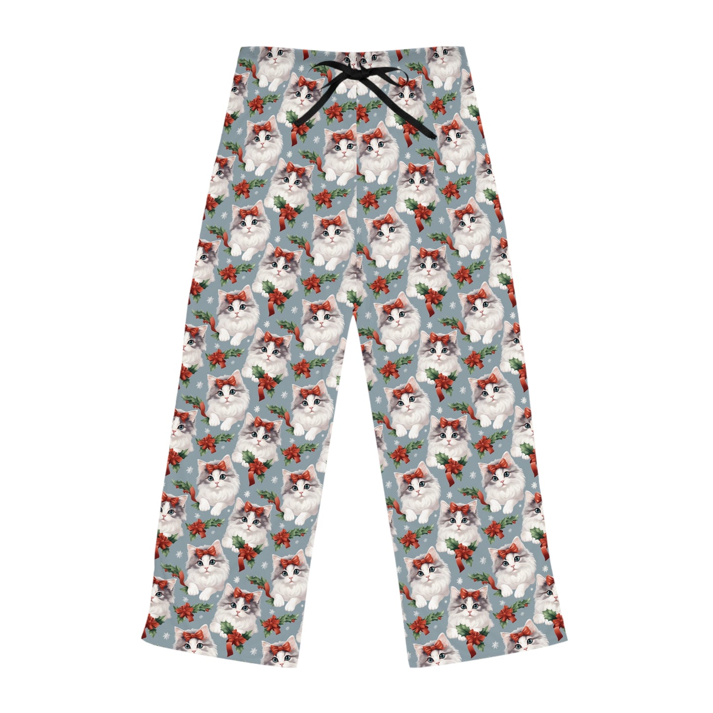 Womens Christmas Cat Pajama Pants - Light Blue, White, Red, Green