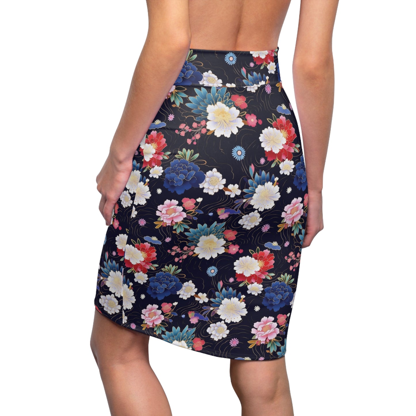 Women's Japanese Floral Print Pencil Skirt, Blue & Red & White