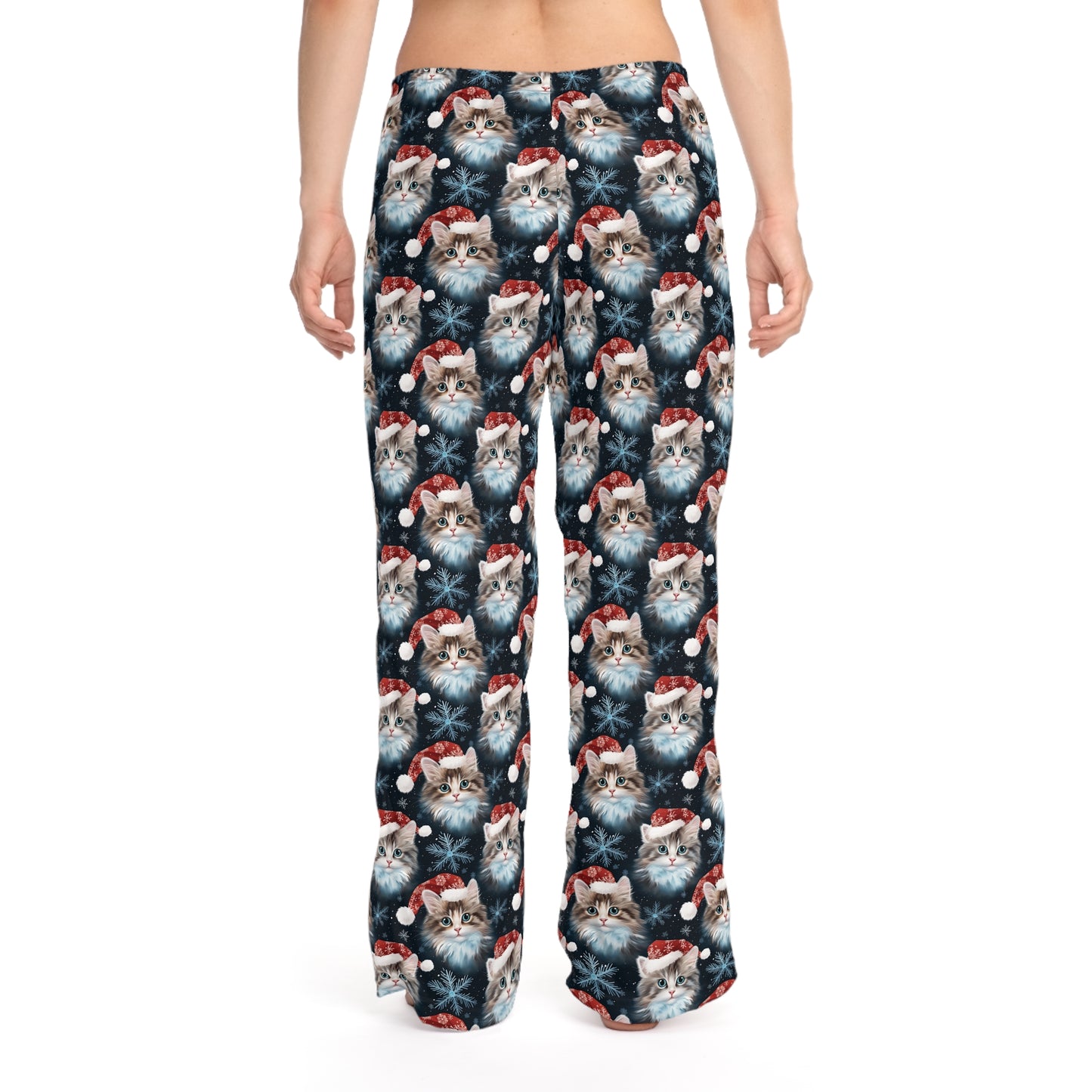 Womens Christmas Cat Pajama Pants - Blue, Red, and White