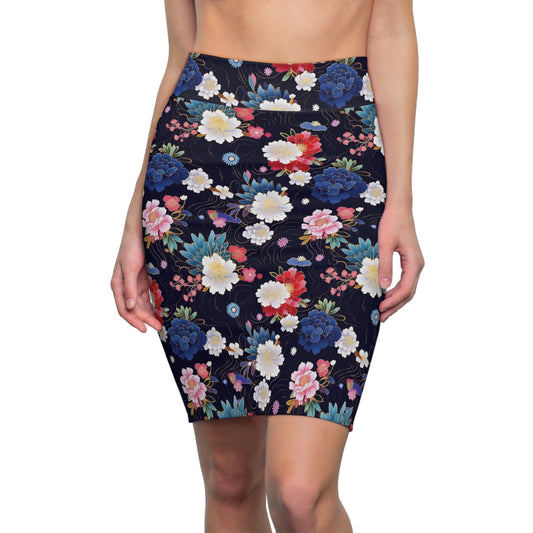 Women's Japanese Floral Print Pencil Skirt, Blue & Red & White