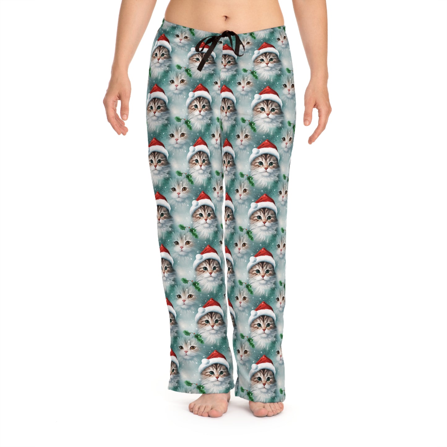 Womens Christmas Cat Pajama Pants - Green, Red, White