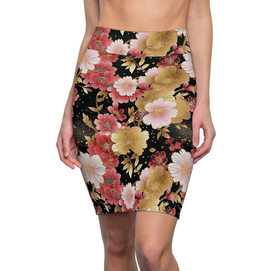 Women's Japanese Floral Print Pencil Skirt, Red & Gold & Pink